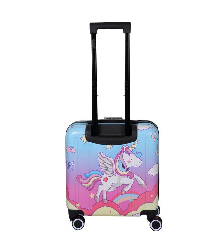 Premium kids luggage with vibrant 3D unicorn and rainbow design, durable trolley bag with spinner wheels for travel. www.usmile.toys